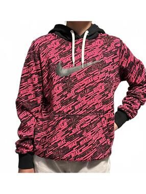 Nike All Over Print Logo Hoodie Pink Black | Streetwear Gorpcore Athleisure Med